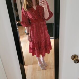 Boho Red Floral Dress Size Medium Flowy Pioneer Ruffle